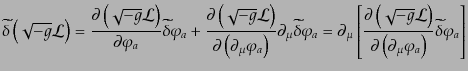 $\displaystyle \widetilde{\delta}\left(\sqrt{-g}{\cal L}\right) = \frac{\partial...
...partial\left(\partial_\mu \varphi_a\right)} \widetilde{\delta}\varphi_a \right]$