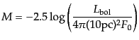 $\displaystyle M = -2.5 \log \left(\frac{L_{\rm bol}}{ 4\pi (10{\rm pc})^2 F_0} \right)$
