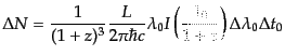 $\displaystyle \Delta N = \frac{1}{(1 + z)^3} \frac{L}{2\pi\hbar c} \lambda_0 I\left(\frac{\lambda_0}{1 + z}\right) \Delta\lambda_0 \Delta t_0$