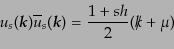 \begin{equation*}u_s({\mbox{\boldmath$k$}}) {\overline{u}}_s({\mbox{\boldmath$k$}}) = \frac{1 + s h}{2} (\ooalign{\hfil/\hfil\crcr$k$} + \mu)\end{equation*}