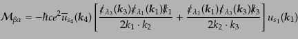\begin{equation*}{\cal M}_{\beta\alpha} = - \hbar c e^2 \overline{u}_{s_4}({\mbo...
...$k$}_3}{2 k_2 \cdot k_3} \right] u_{s_1}({\mbox{\boldmath$k$}}_1)\end{equation*}